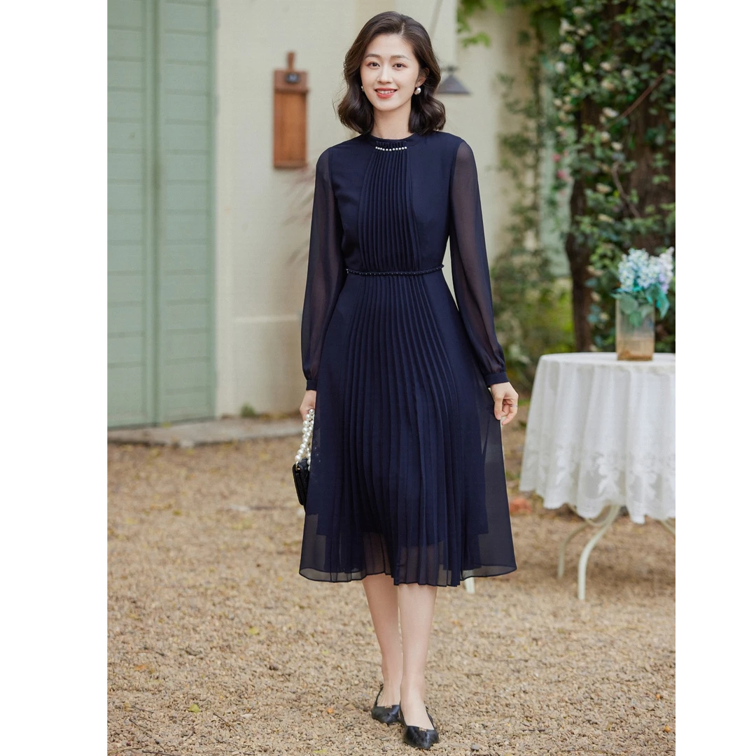 YINER音儿专选2025新款优雅收褶钉珠雪纺连衣裙8C65105246