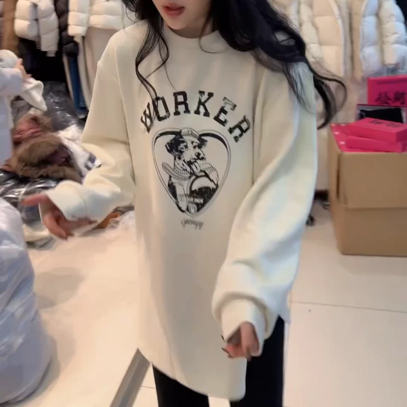 秋冬韩系新款时尚加绒中长款长袖印花百搭显瘦T恤上衣LK2508960