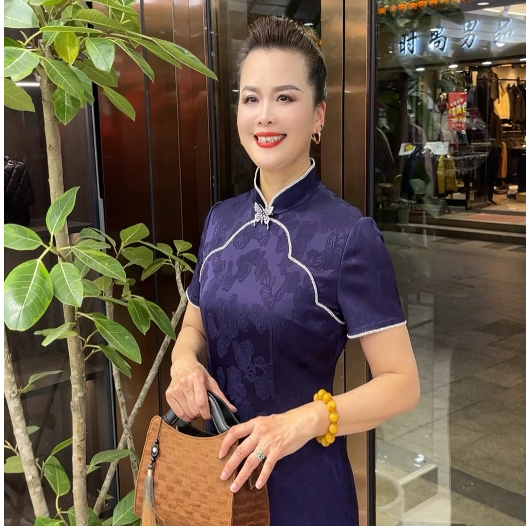 高级蓝紫色复古气质中国风女士优雅礼服旗袍ZZY170152