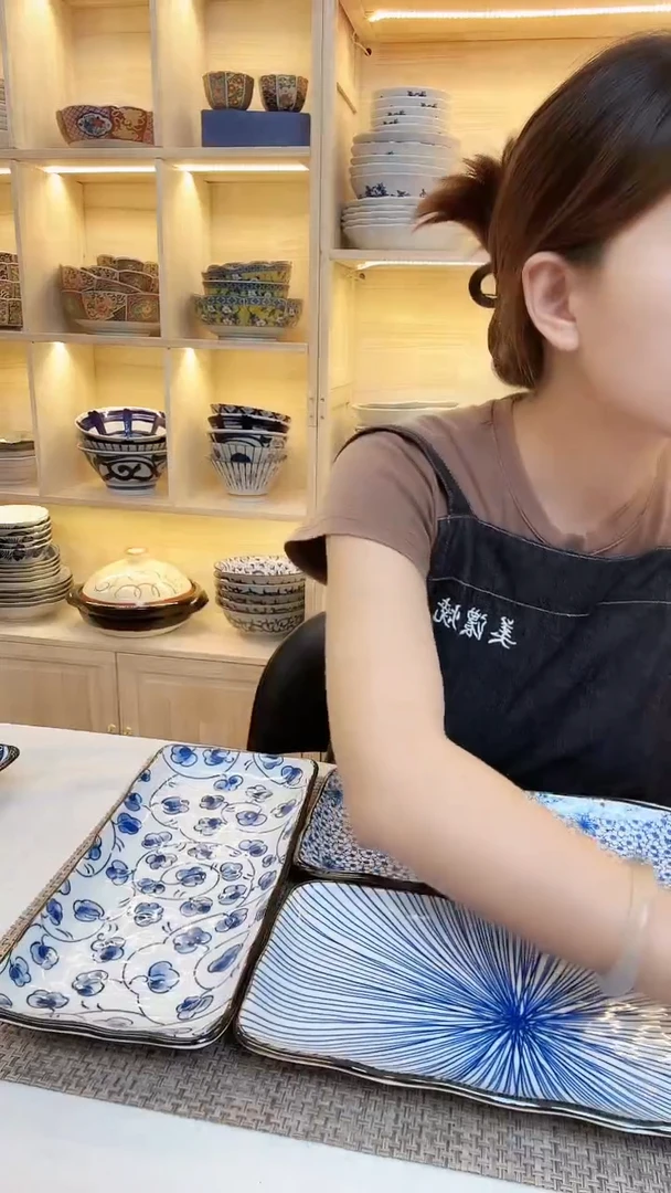 陶瓷蓝绘长方盘3只