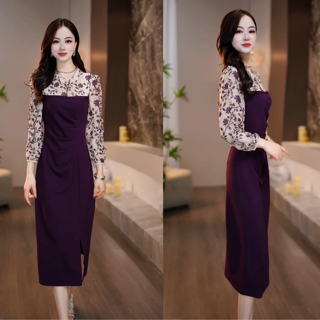 2025春款繁花似锦紫色拼接时髦气质小众中长款连衣裙M-4XL