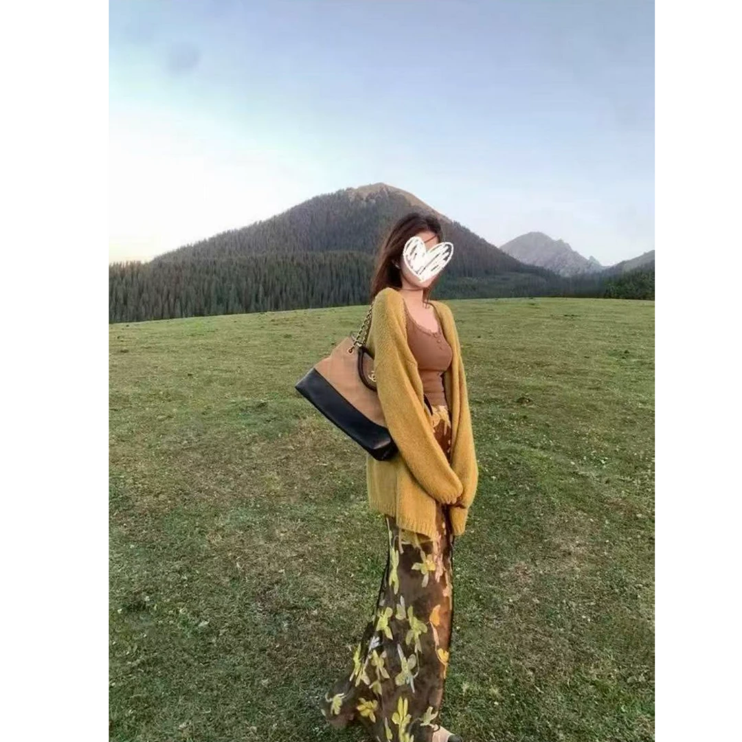 休闲风慵懒风时尚套装气质复古有呀半身裙针织开衫韩系三件套D795