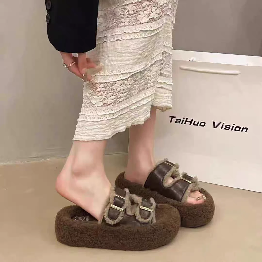 W113-32毛毛拖鞋女2025新款秋季复古绒带扣厚底轻便一脚蹬棉拖