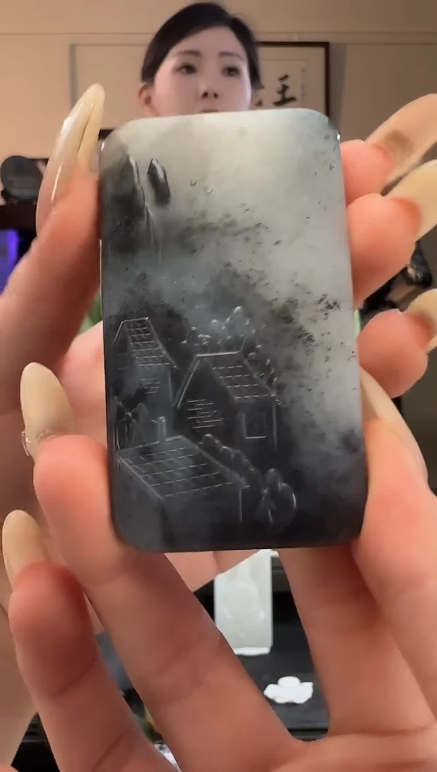 颈饰未镶嵌和田玉青花山水牌吊坠