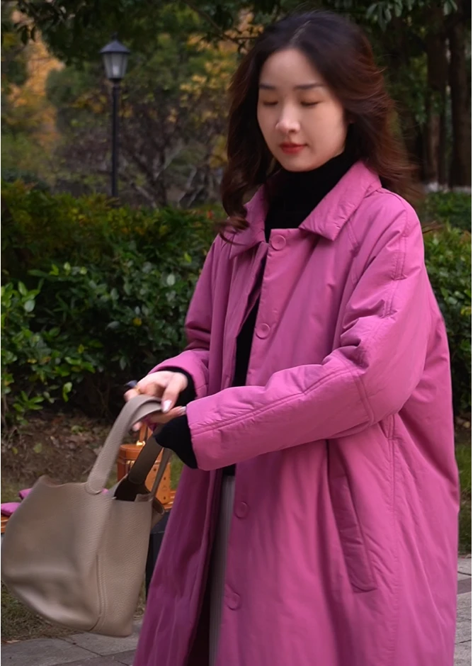 月月自制 树莓红长款棉衣外套女文艺时尚百搭上衣2025春款新款5