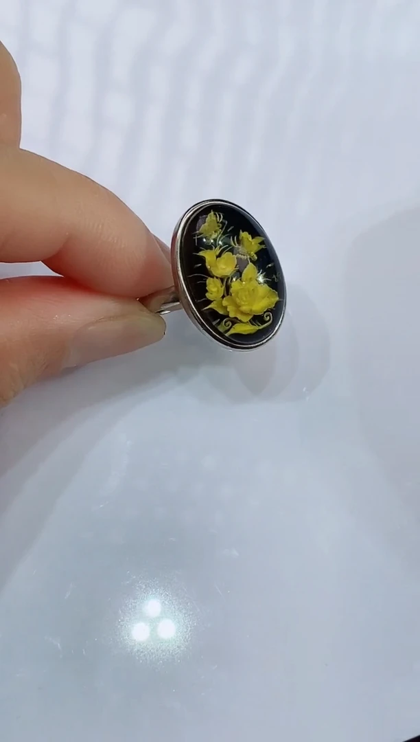 琥珀未镶嵌戒指蓝珀蝶恋花简单银镶嵌戒指