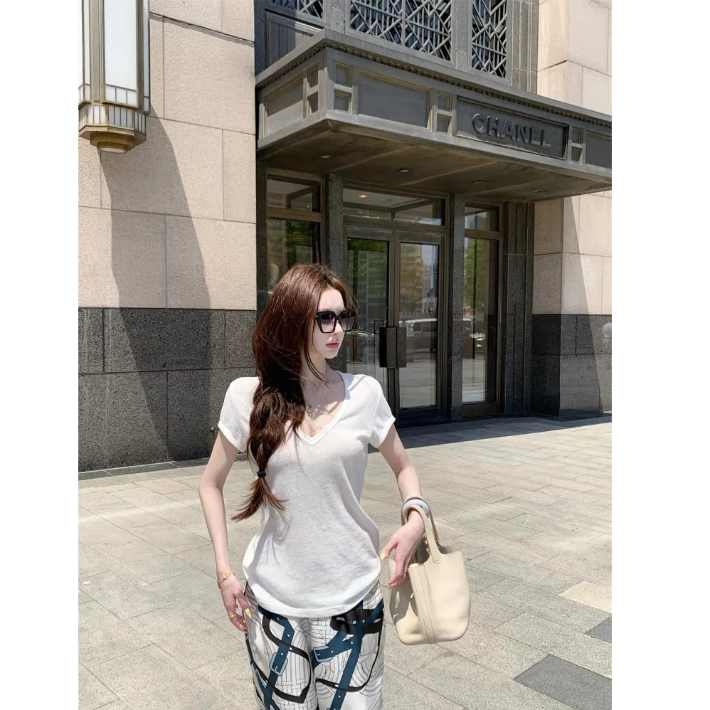 【淡人T】极简修身显瘦短袖v领T恤上衣女2025新款老花裤阔腿裤套装