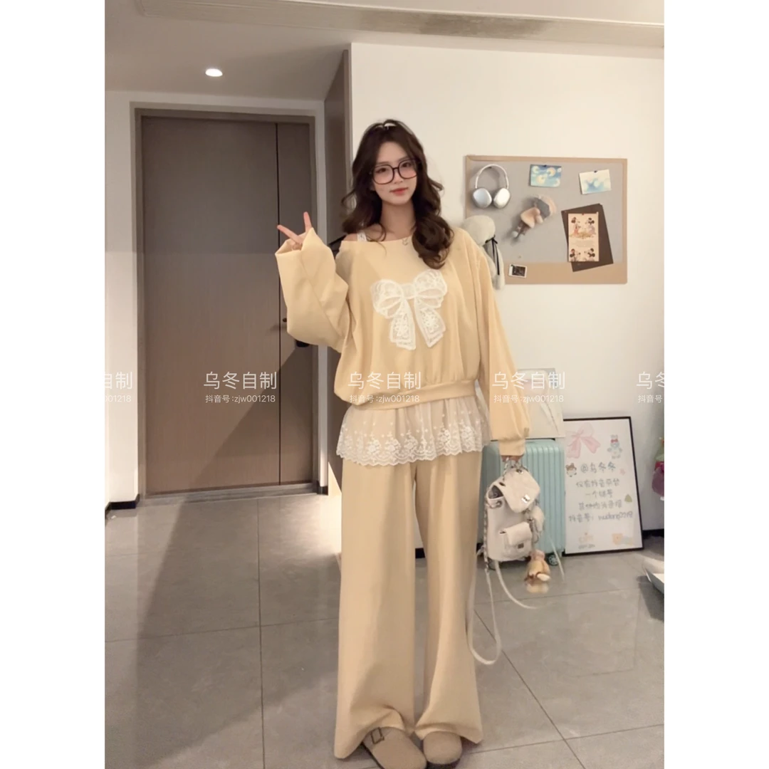 【乌冬原创】“奶芙蕾丝”春季蕾丝蝴蝶结卫衣套装~
