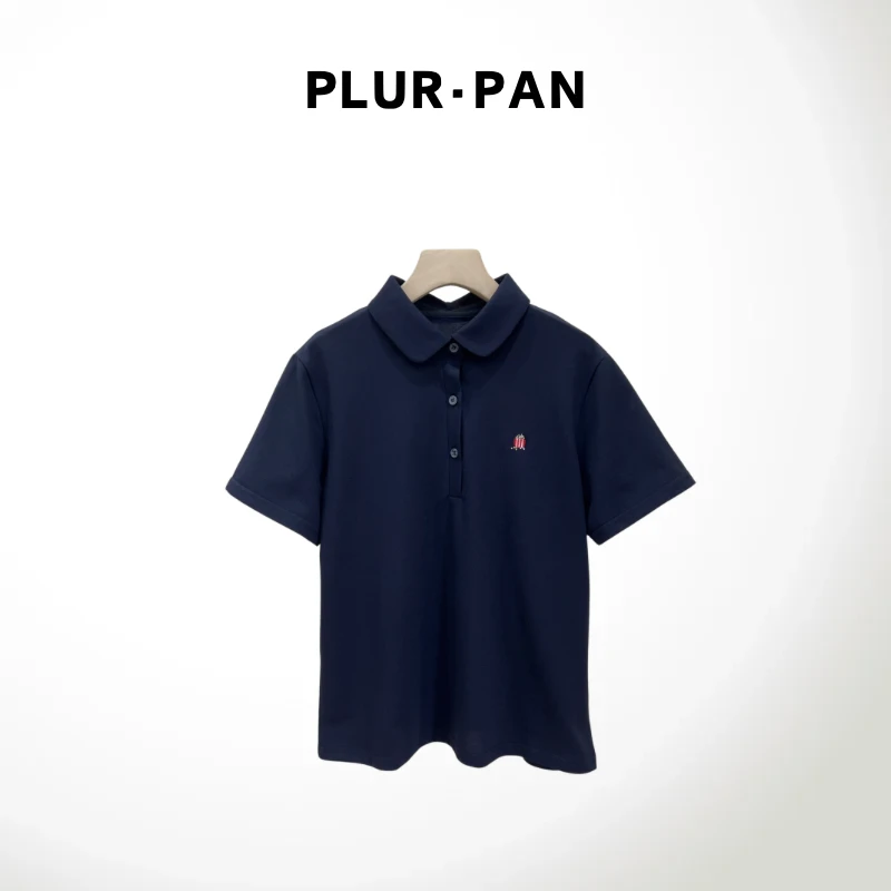 PLUR·PAN纯色休闲polo领刺绣字母正肩短袖T恤