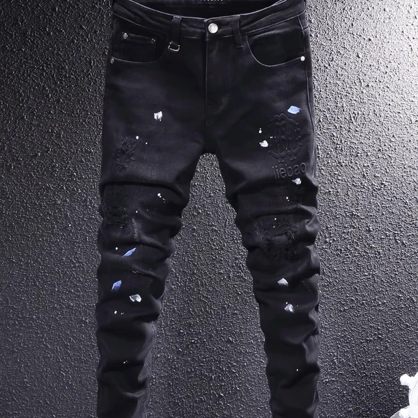 Cebrodz美式潮流重磅做旧牛仔裤男高端夏季新款泼墨补丁修身小脚