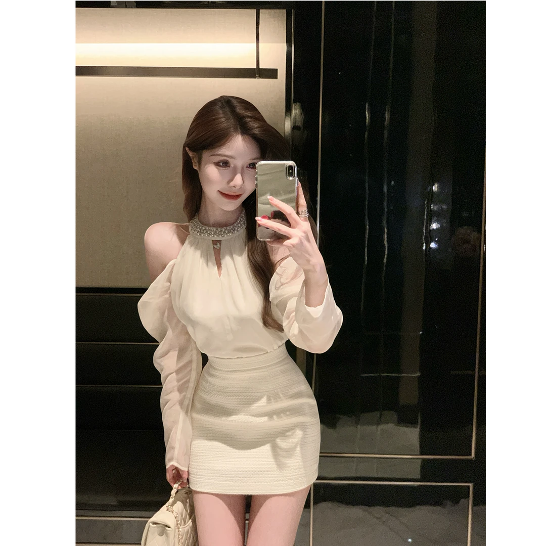 【新贵大小姐】2025秋装镶钻露肩衬衫高腰半裙两件套装裙女