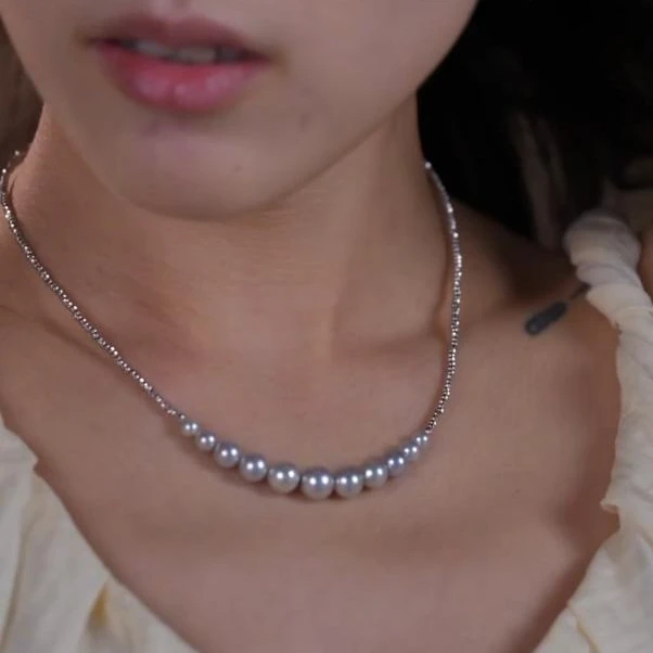 sg10215| 碎金子 18K白金 5-9mm海水Akoya珍珠项链 多样性/发一