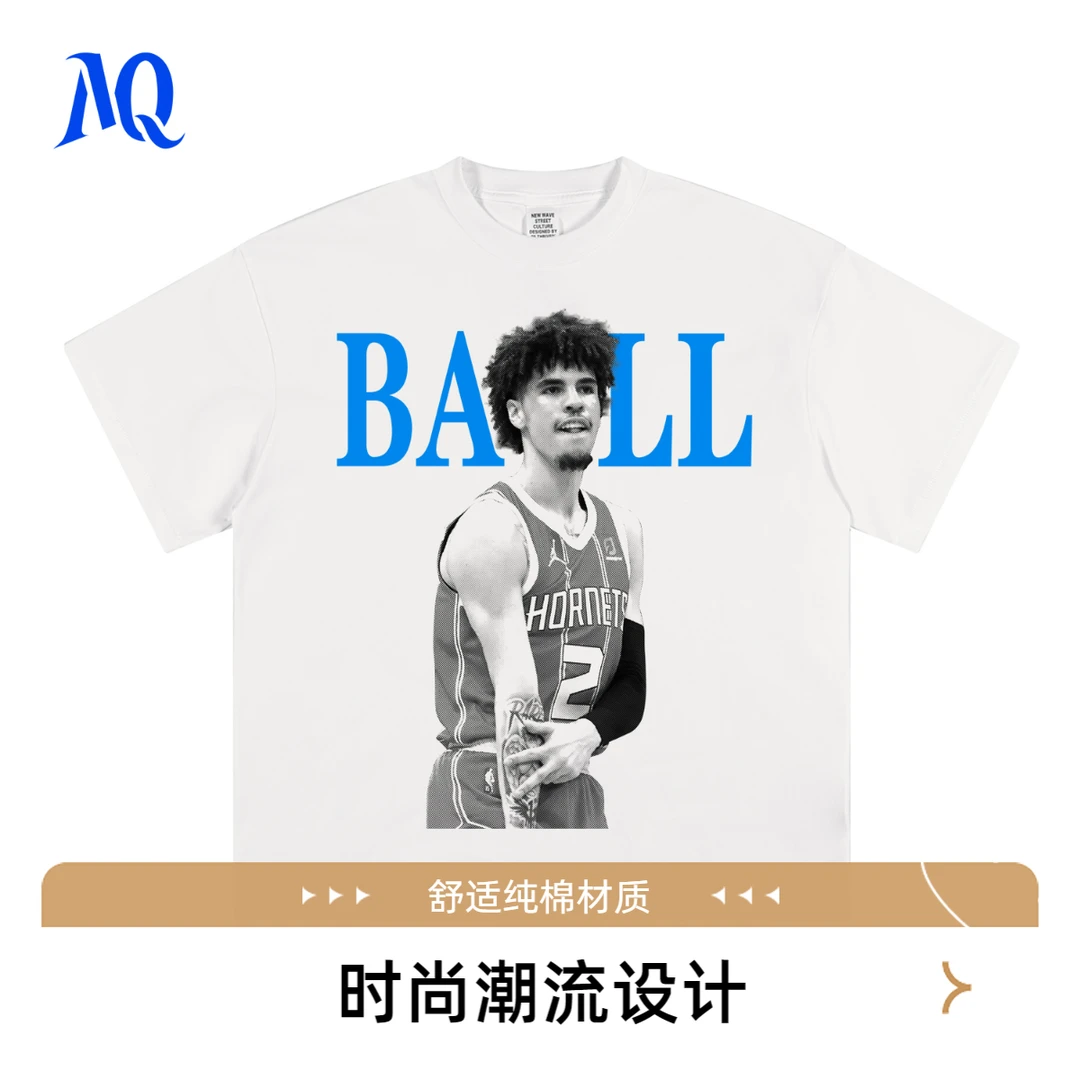 MQ原创2025SS拉梅洛鲍尔三球美式街头人物撞色复古人像印花T恤