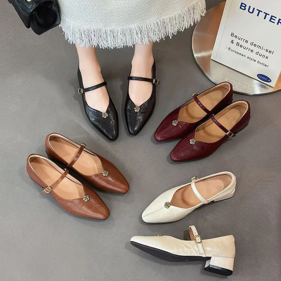 昔子6222法式单鞋高级感玛丽珍低跟女鞋山茶花浅口春夏仙女风文艺