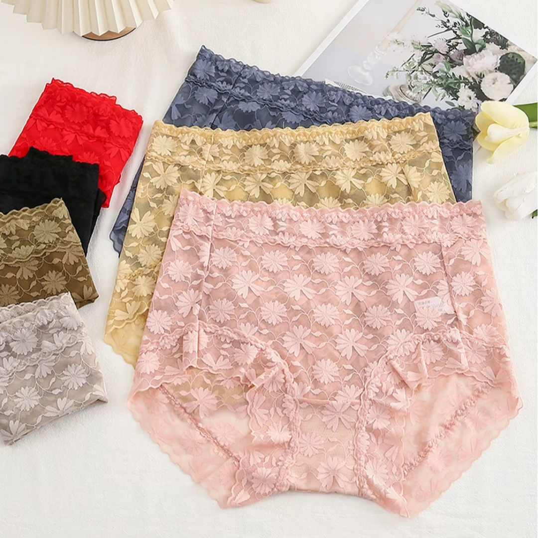 蕾丝内裤女性感女士桑蚕丝裆部大码轻薄透气中高腰纯欲三角短裤