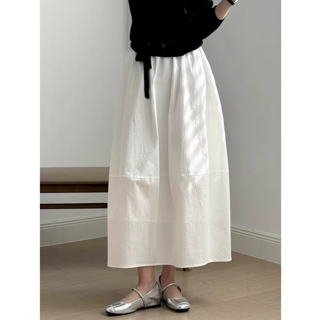 2025新夏款大码女装白色花苞半身裙韩系松紧高腰中长a字蓬蓬裙