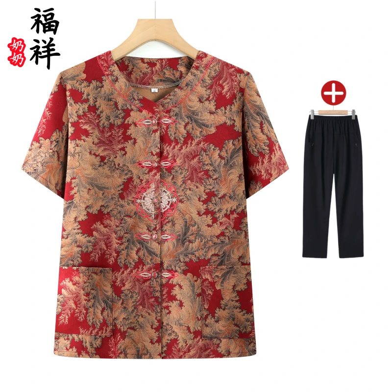 中老年人清凉夏装奶奶装短袖衬衫妈妈装翻领国风短袖老人老太太