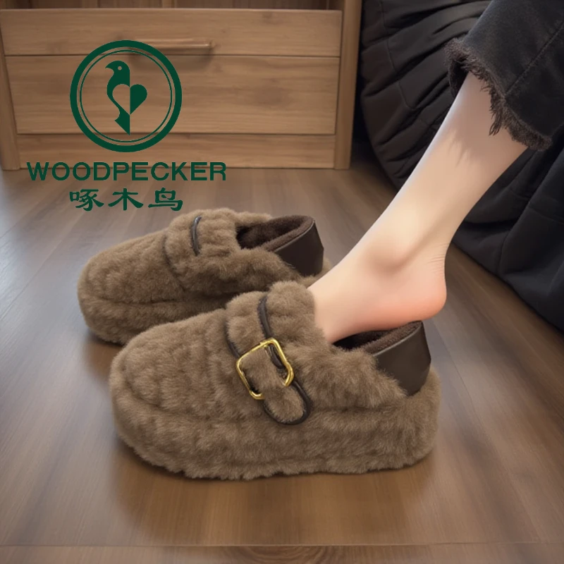 啄木鸟毛毛鞋女款冬季外穿新款雪地靴厚底加绒保暖孕妇一脚蹬棉鞋