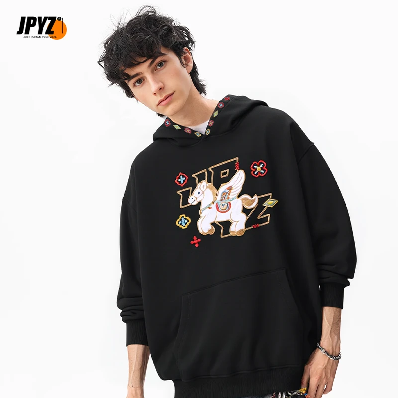 【街派一族】卡通飞马国潮刺绣长袖潮流宽松秋冬情侣连帽卫衣-9258