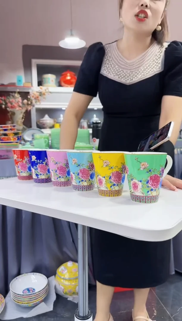 珐琅 牡丹花卉杯子6只装景德镇陶瓷