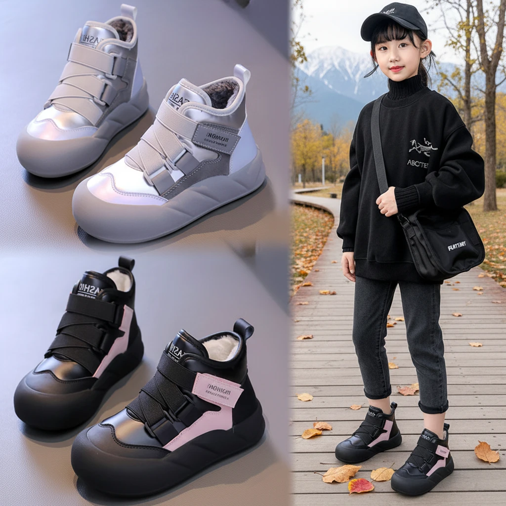 儿童棉鞋女童加绒加厚雪地靴2025冬季新款小女孩保暖棉靴防水短靴