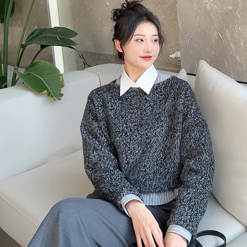 GIRDEAR/哥弟秋冬新款宽松休闲圆领时尚复古短款长袖T恤女1300980