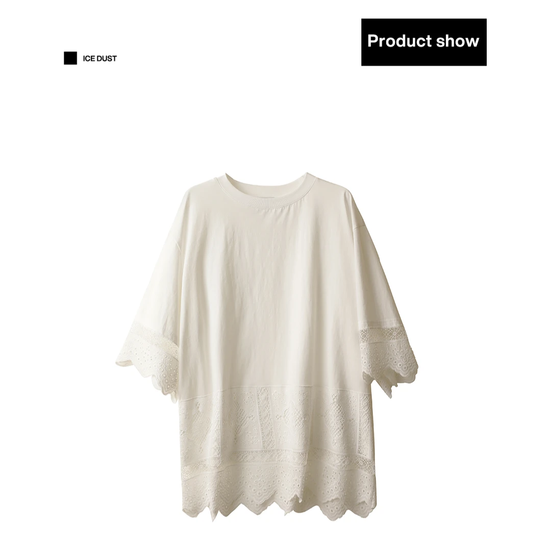 ICEDUST 夏季系列棉布蕾丝绣花设计休闲圆领宽松拼接T恤女士