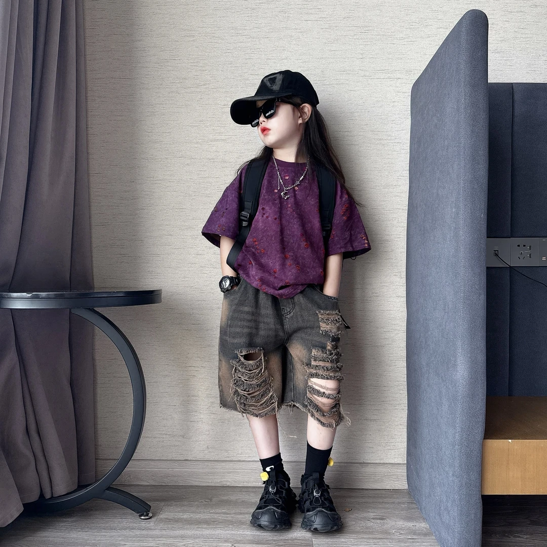 男女童夏季痞帅潮酷个性破洞喷色牛仔中裤中大童时髦扎染烧花短袖