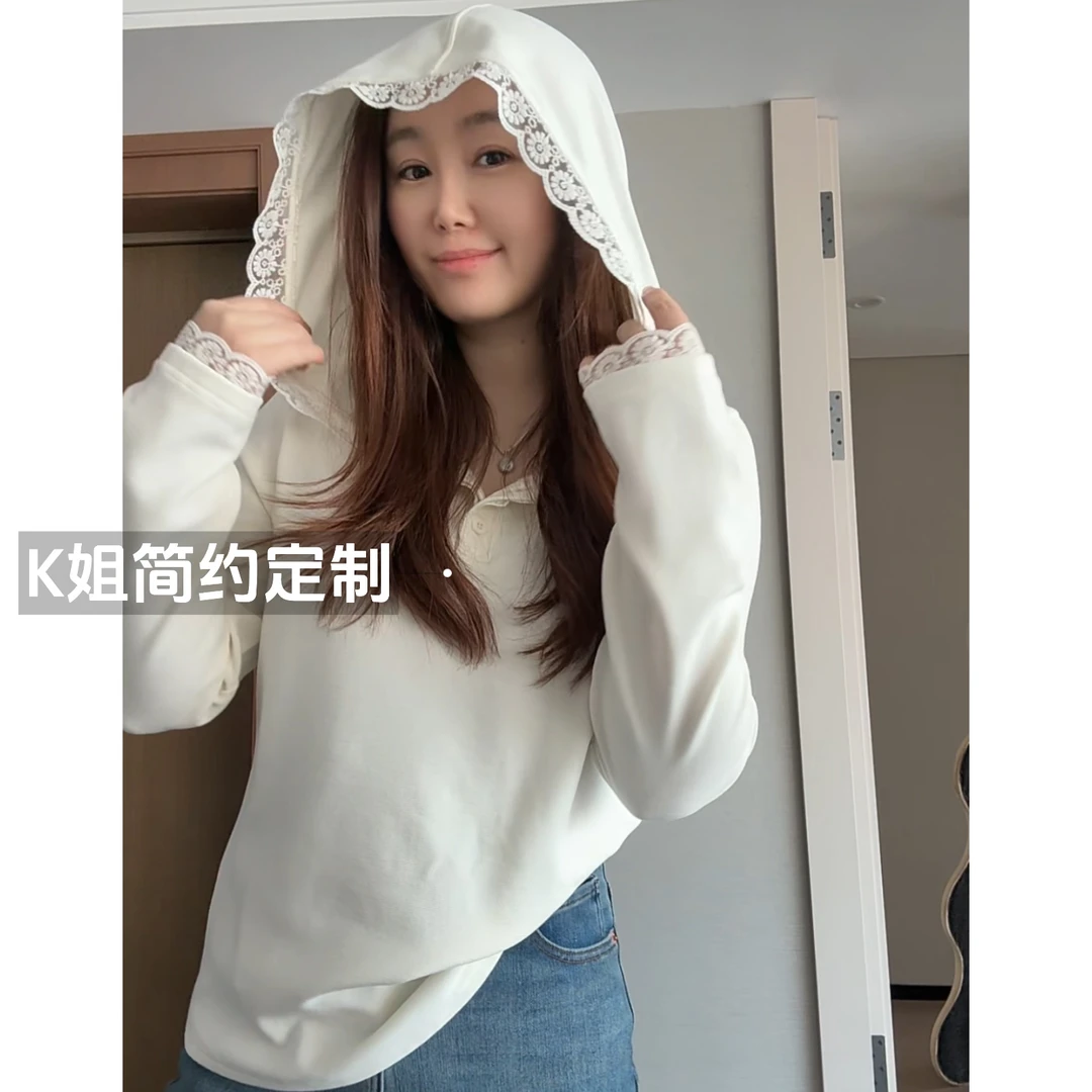 GTNER“KK定制”女春新款简约时尚百搭宽松连帽蕾丝边套头卫衣D1730