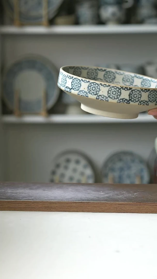 陶瓷粗陶手绘绣球高足盘17cm@7-10@