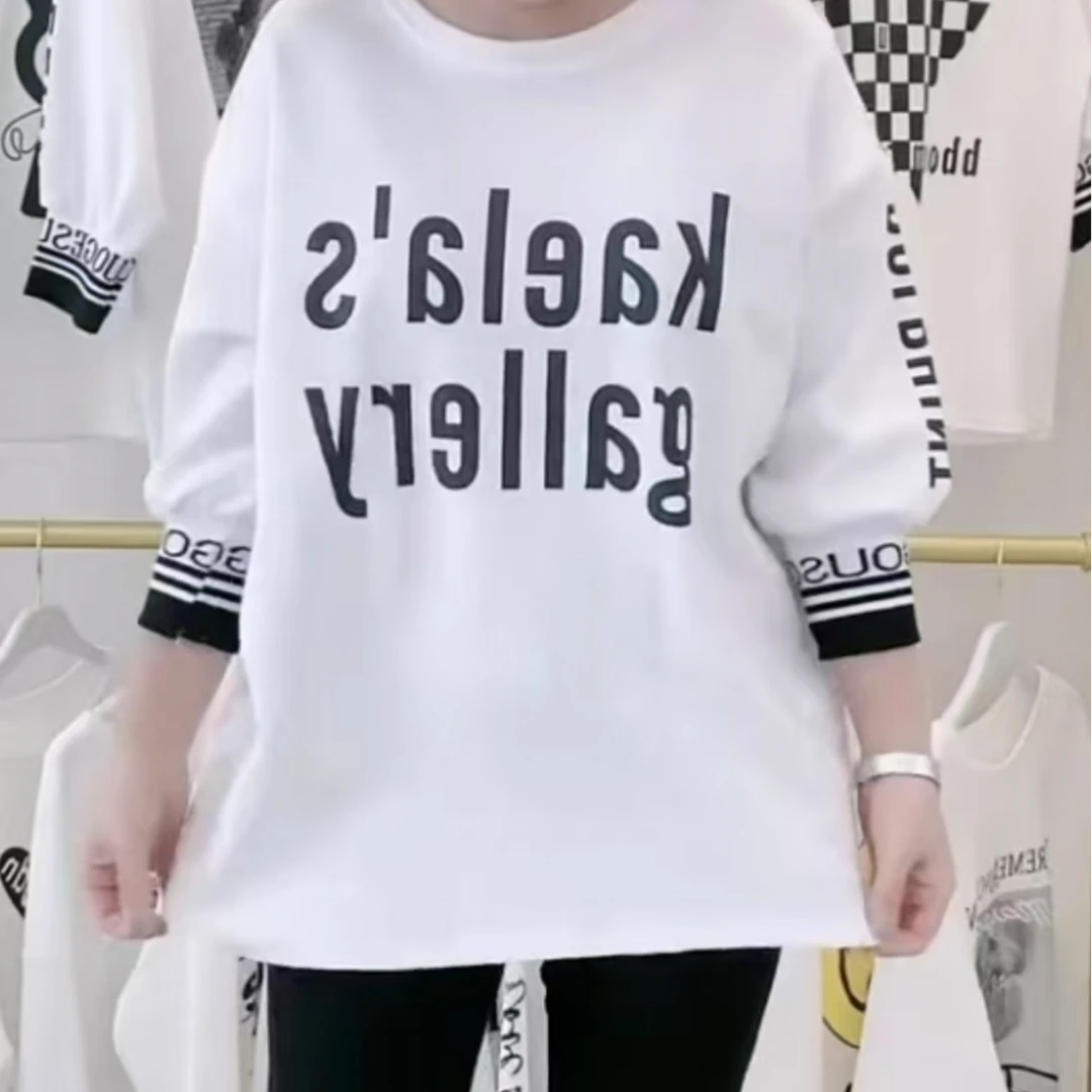 八分袖拼接印图T恤洋气时尚百搭宽松中长款网红显瘦