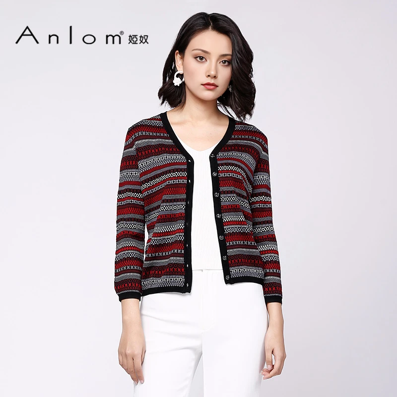 Anlom/娅奴桑蚕丝开衫针织外套女早春条纹修身v领上衣开衫外套女