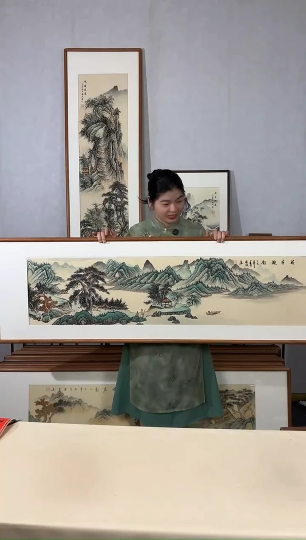 国画手绘*溪亭观钓52*172cm带框发货