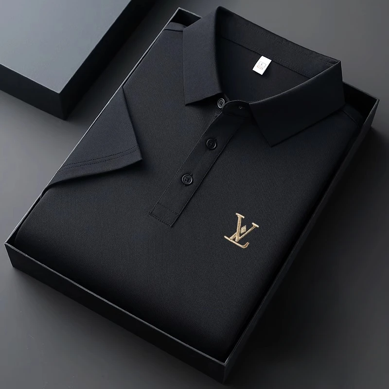 轻奢蚕丝短袖polo衫男夏季薄款冰丝纯色翻领T恤刺绣T恤