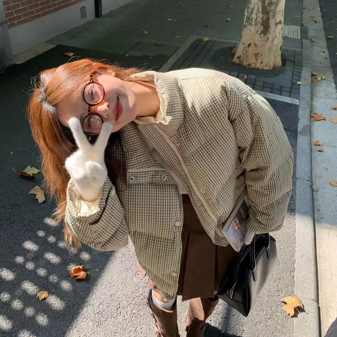美式格纹立领棉服女2025新款冬季韩系加厚短款面包服棉衣保暖外套