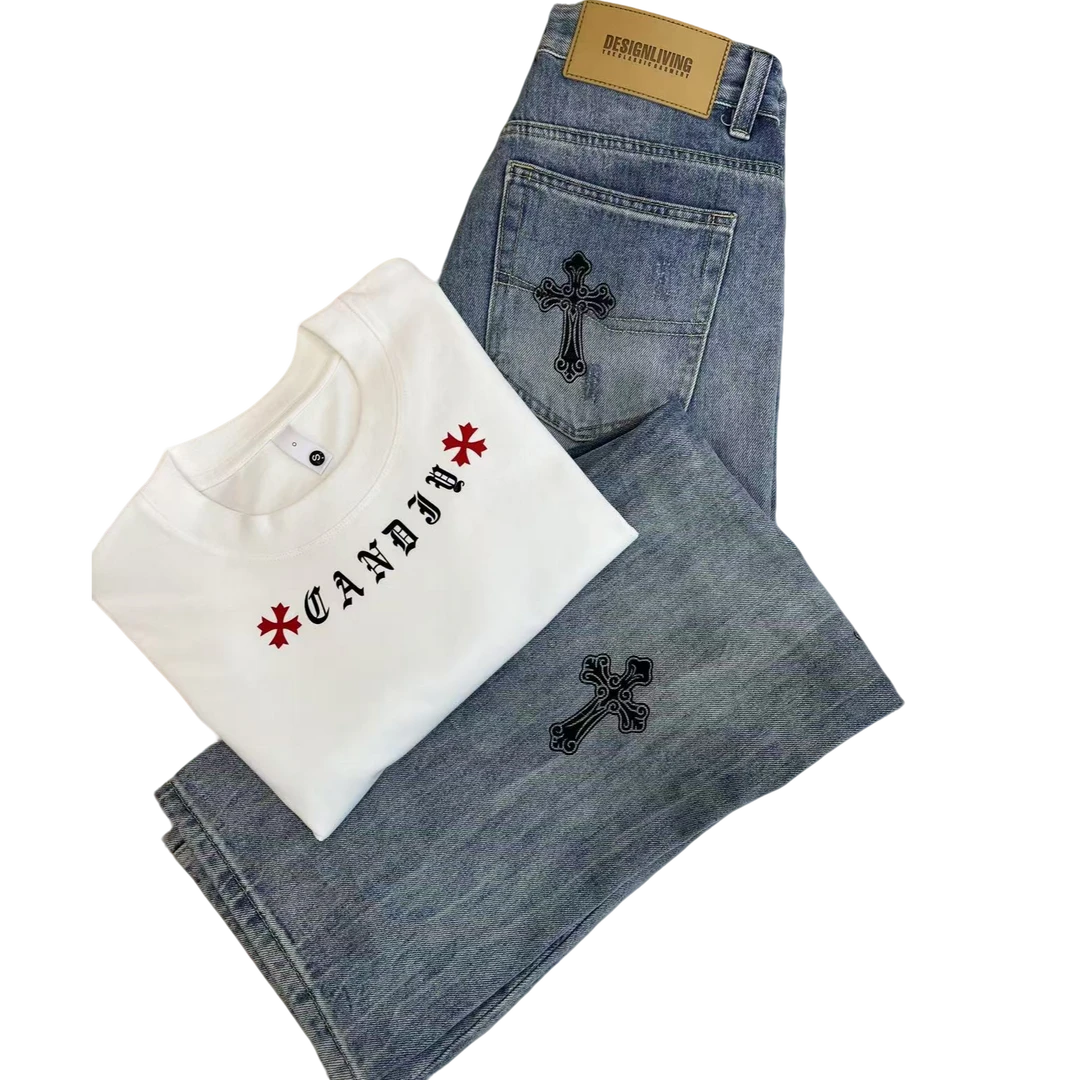 25新款潮牌水洗破洞直筒牛仔裤  时尚夏季重工潮流印花情侣牛仔裤