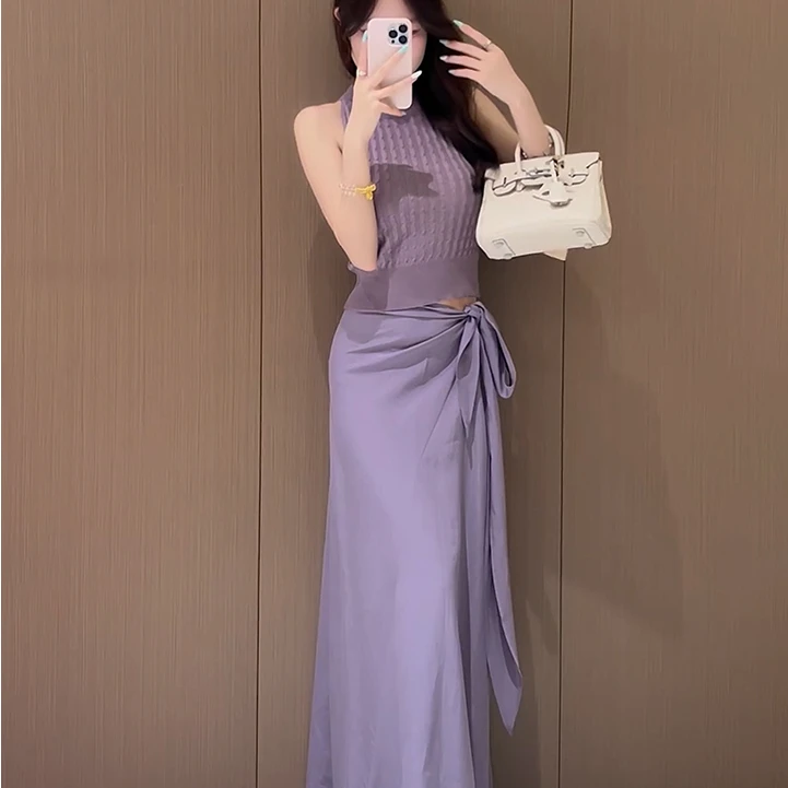 法式气质紫色针织挂脖女夏季外穿修身上衣紫色半身裙套装裙子显瘦