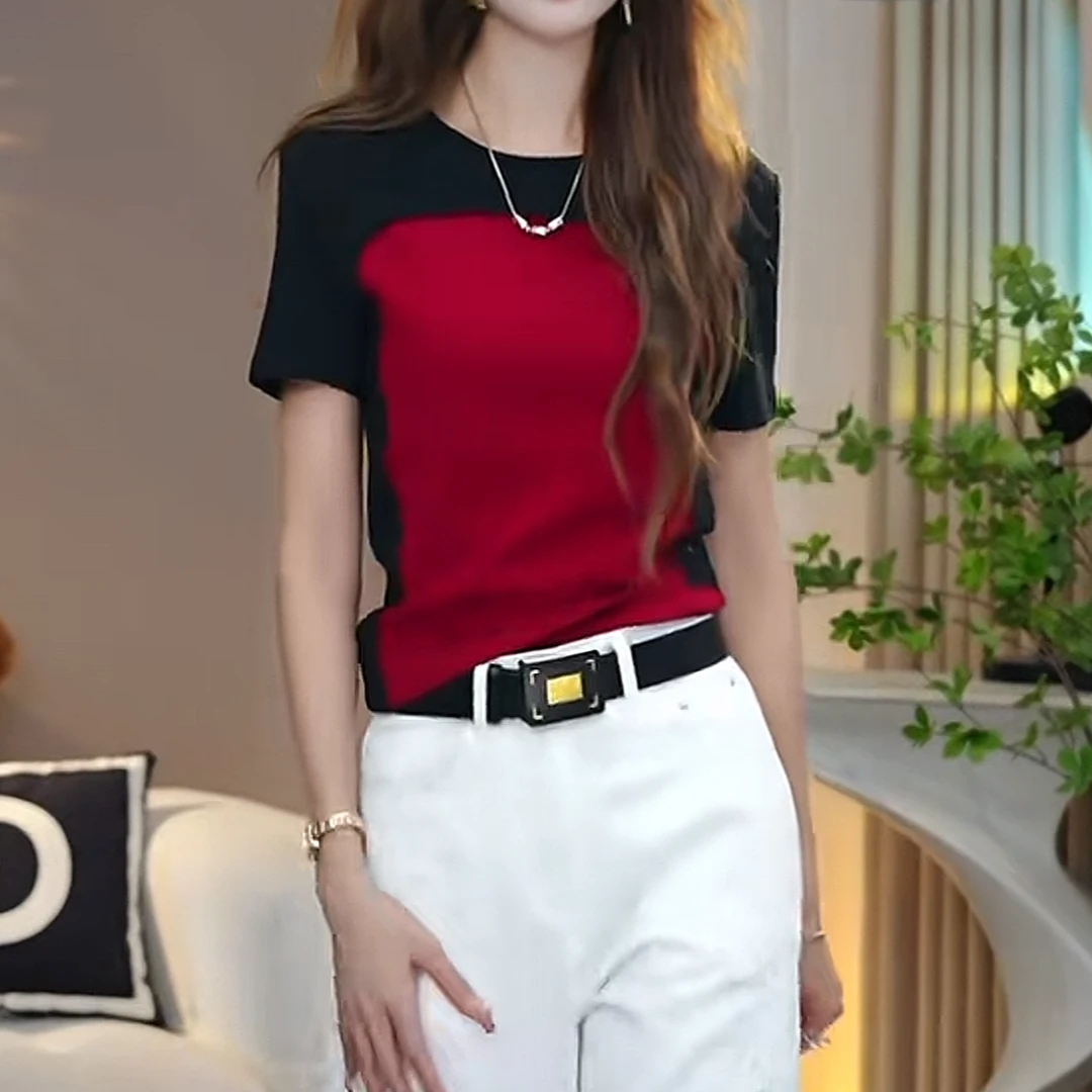 设计感撞色圆领假两件短袖T恤女2025新款夏季百搭显瘦时尚上衣