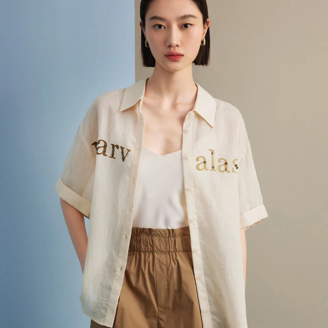 【小余专属】天丝亚麻衬衫女夏季字母印花短袖宽松休闲衬衣