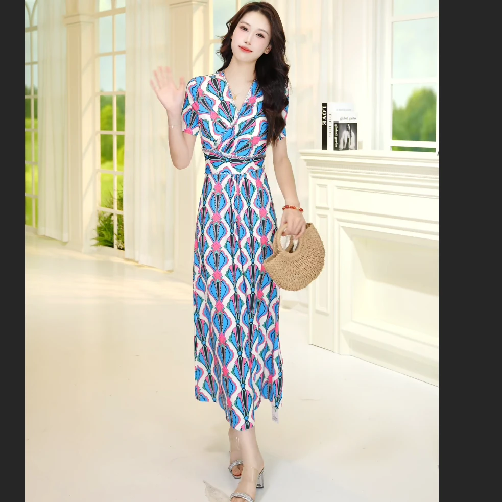 【马天奴】气质长裙碎花显瘦高腰时尚休闲妈妈裙连衣裙VHS680DRX0