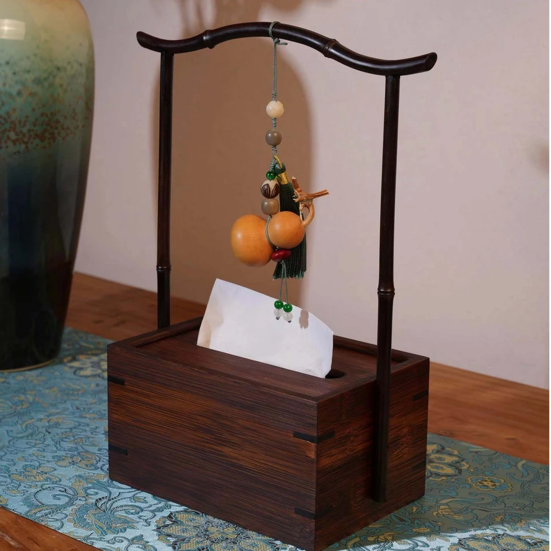 【官帽纸巾盒】高档官帽飞檐紫竹把手大漆工艺家用轻奢复古茶室