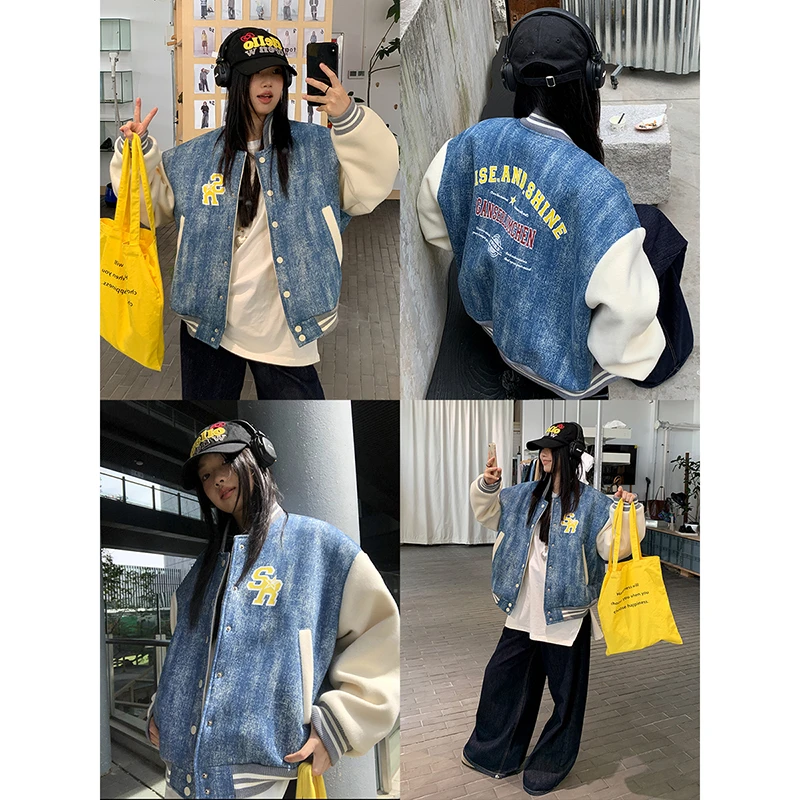 【晰雨清仓】冬季印花球服女拼接潮酷休闲牛仔外套244H3532