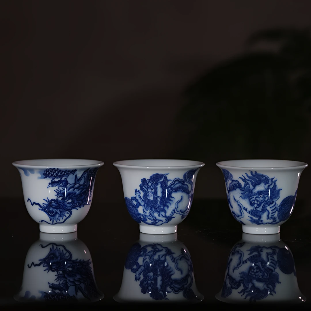 景德镇-玉天祥釉下青花龙纹铃铛主人杯 高端中式茶器纯手工手绘