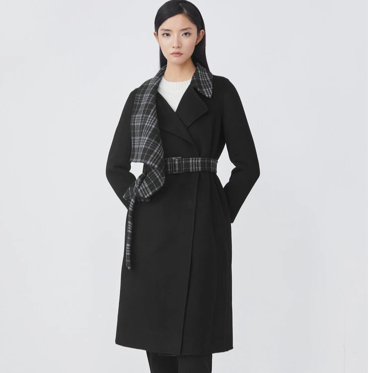 S·DEER圣迪奥冬季时尚气质拼接设计师长款百搭毛呢外套S21481846