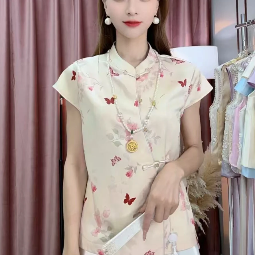 (小唐人）新中式薄款立领提花常规花朵上衣复古衬衫中性风通勤风