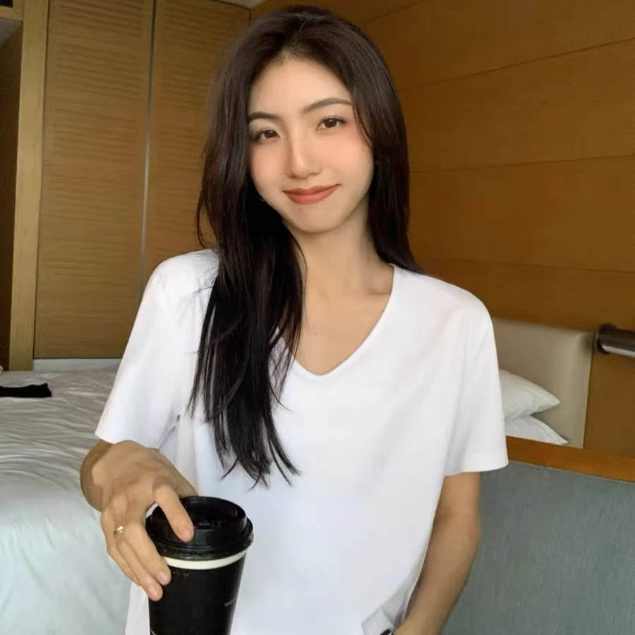 白t恤女短袖V领高弹夏季2025年大领口宽松显瘦女款高个子内搭A323