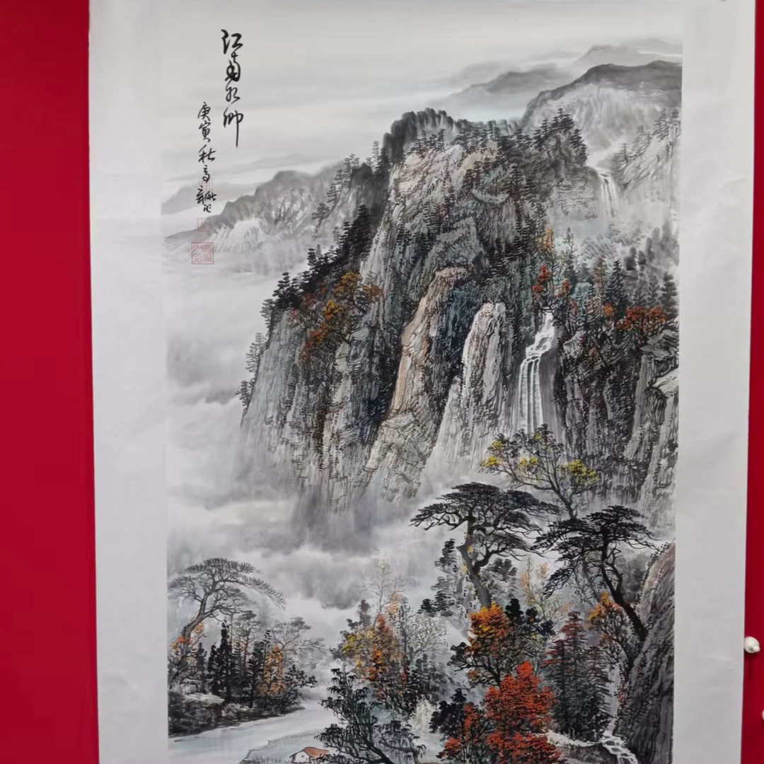 李新社手绘宣纸六尺竖幅江南水乡山水画