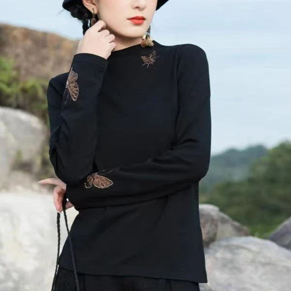 云南旅游穿搭春秋刺绣修身半高领打底衫民族风马甲内搭长袖T恤女