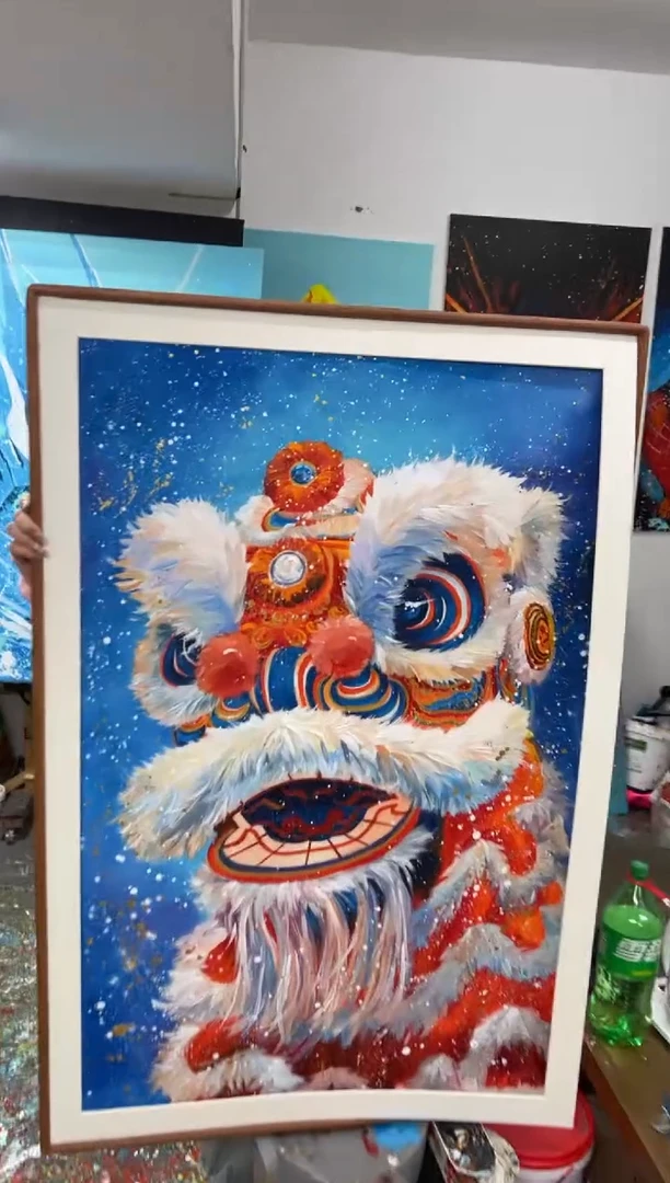 【闪购商品】丙烯画早川老师蓝底醒狮精装裱