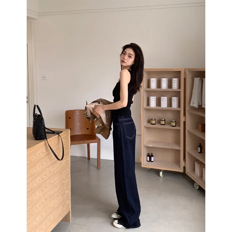 48H【超绝版型】高个子加长复古宽松阔腿拖地直筒牛仔裤女 AU090